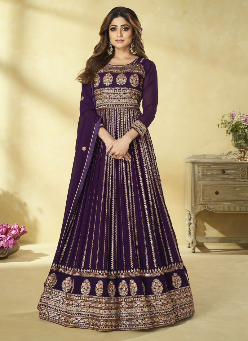 Pure Georgette Purple Anarkali Style Heavy Salwar Suit for Wedding