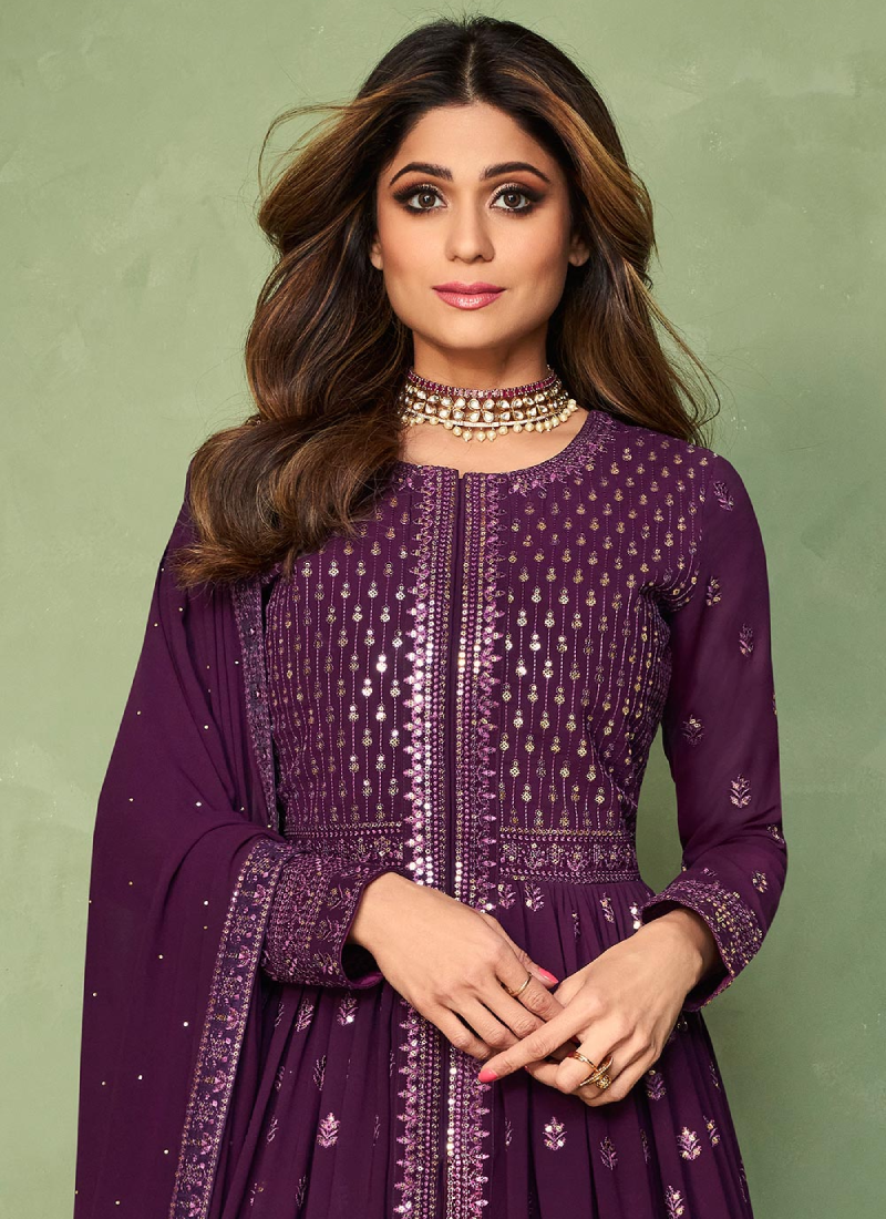 Thread Sequence Work Purple Georgette Anarkali Salwar Kameez