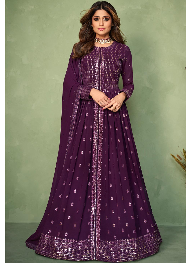 Thread Sequence Work Purple Georgette Anarkali Salwar Kameez
