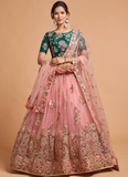 Real Mirror With Embroidered Work Soft Net Peach Lehenga Choli