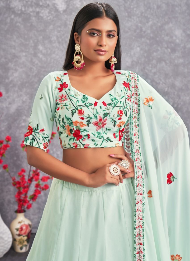 Sea Green Floral Embroidery Work Georgette Lehenga Choli