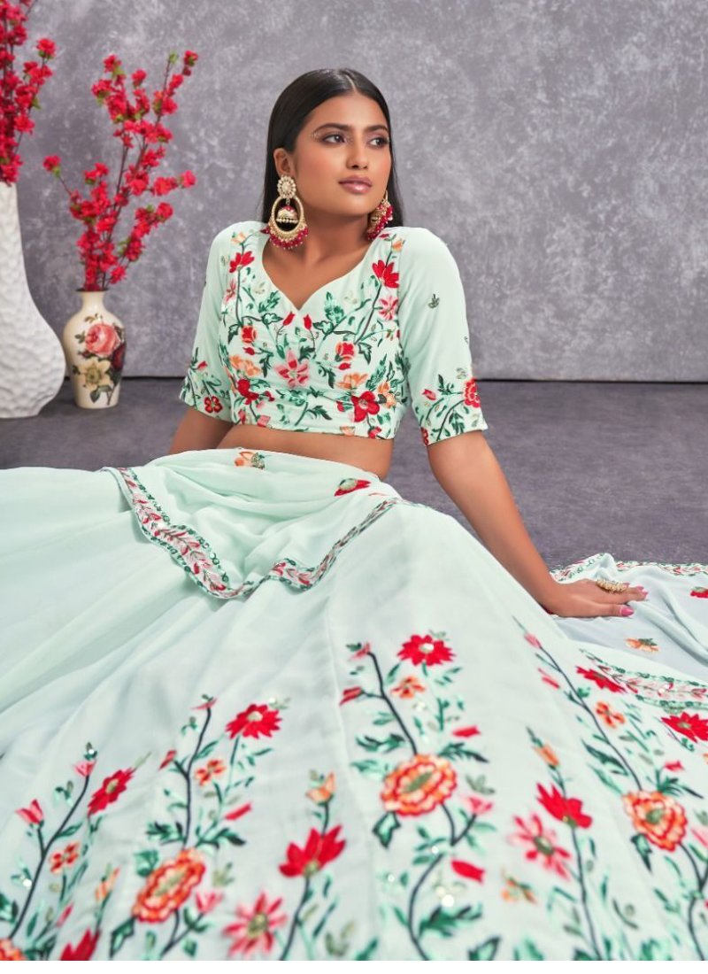 Sea Green Floral Embroidery Work Georgette Lehenga Choli