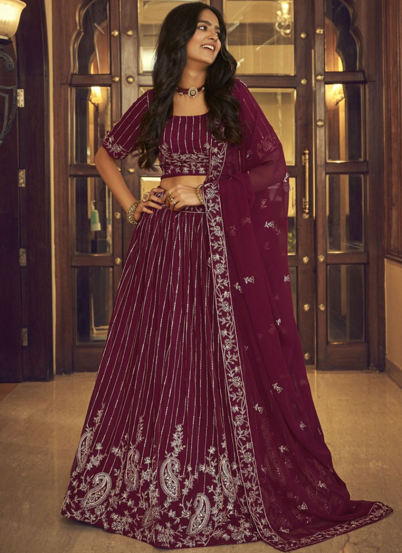 Seductive Faux Georgette Wine Viscose Thread Work Lehenga Choli