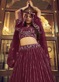 Seductive Faux Georgette Wine Viscose Thread Work Lehenga Choli