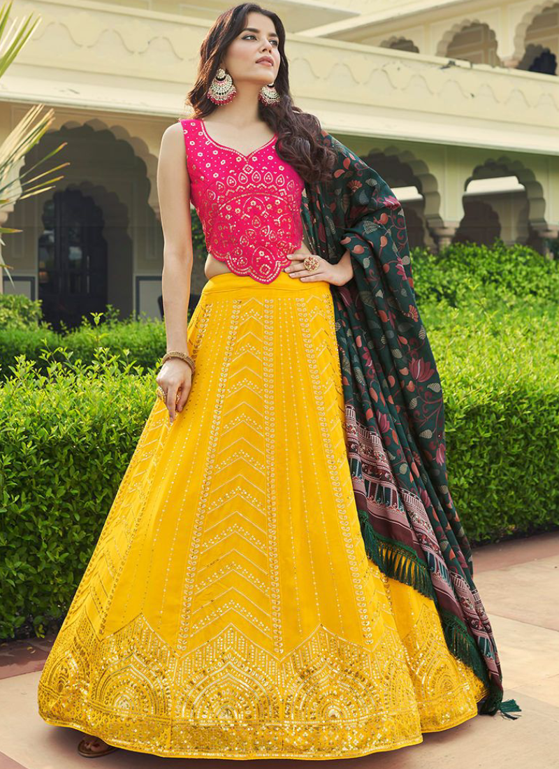 Sequence Embroidered Georgette Yellow Lehenga For Haldi Function