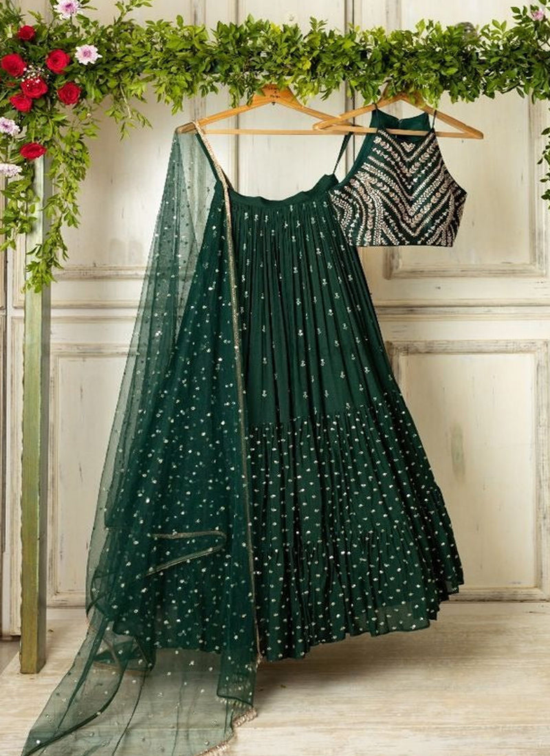 Sequence Work Georgette  Dark Green Ruffle Lehenga Choli