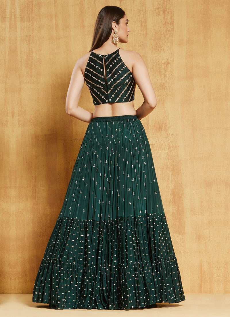 Sequence Work Georgette  Dark Green Ruffle Lehenga Choli