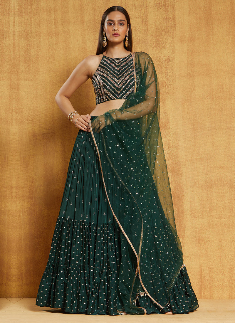 Sequence Work Georgette  Dark Green Ruffle Lehenga Choli
