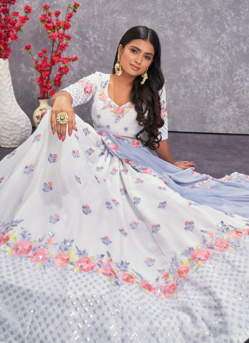 Sequence Work Pearl White Georgette Lehenga Choli For Wedding