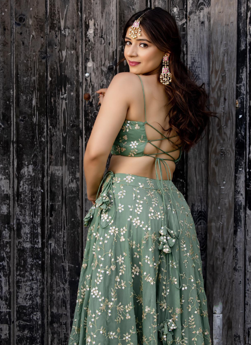 Sequence Zari Work Georgette Green Party Wear Lehenga Choli