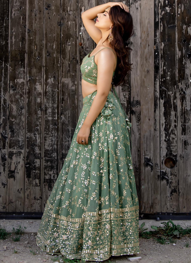 Sequence Zari Work Georgette Green Party Wear Lehenga Choli