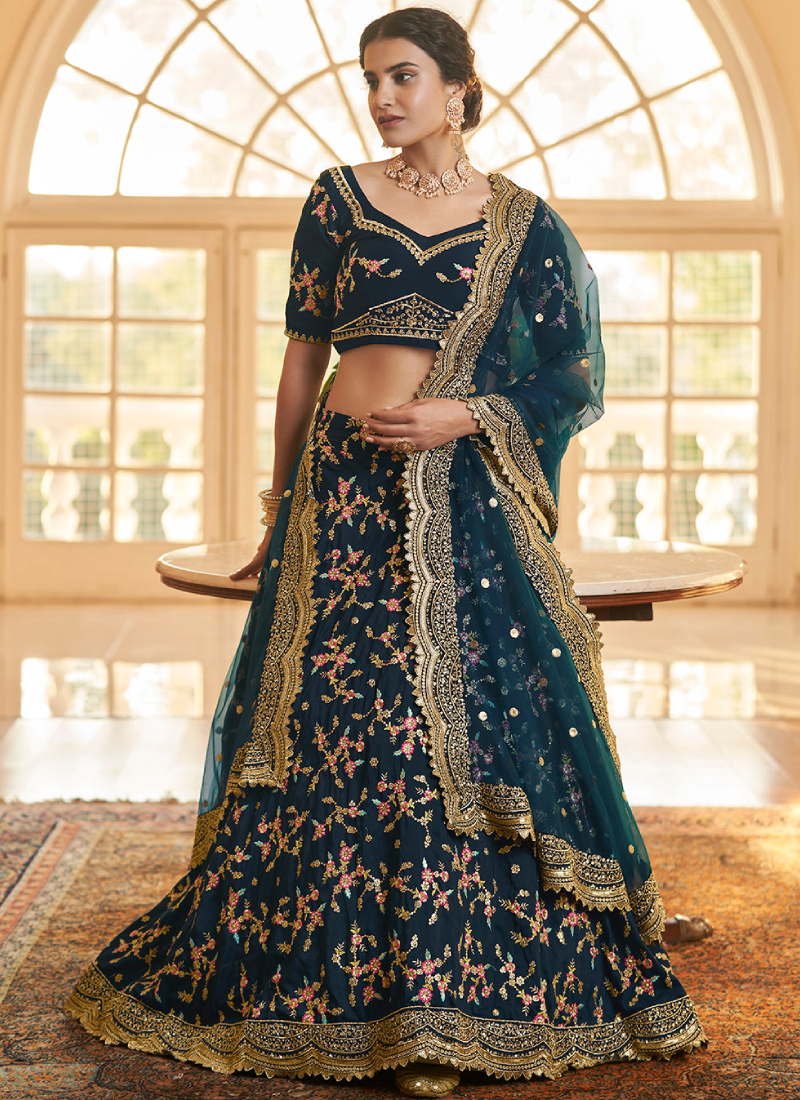 Teal Blue Chinon Silk Thread Embroidered Lehenga Choli Set