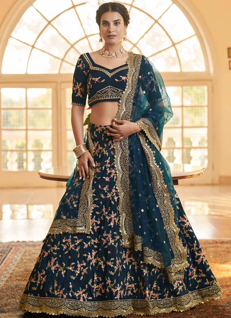 Teal Blue Chinon Silk Thread Embroidered Lehenga Choli Set