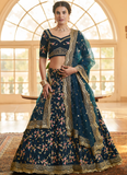 Teal Blue Chinon Silk Thread Embroidered Lehenga Choli Set