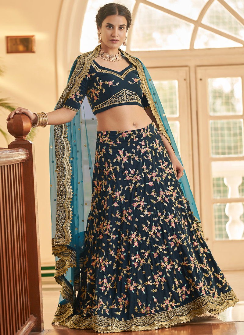 Teal Blue Chinon Silk Thread Embroidered Lehenga Choli Set