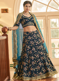 Teal Blue Chinon Silk Thread Embroidered Lehenga Choli Set