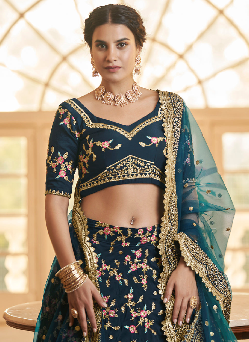 Teal Blue Chinon Silk Thread Embroidered Lehenga Choli Set