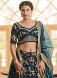 Teal Blue Chinon Silk Thread Embroidered Lehenga Choli Set