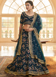 Teal Blue Chinon Silk Thread Embroidered Lehenga Choli Set
