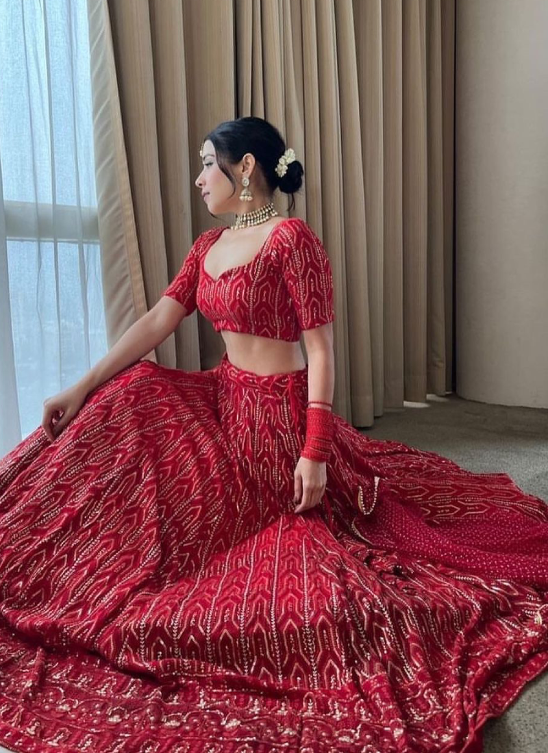 Thread Sequence Work Georgette Dark Red Lehenga Choli Set