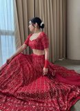 Thread Sequence Work Georgette Dark Red Lehenga Choli Set