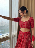 Thread Sequence Work Georgette Dark Red Lehenga Choli Set