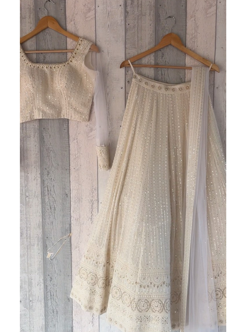 Trending Lakhnavi Thread Work Georgette Off White Lehenga Choli