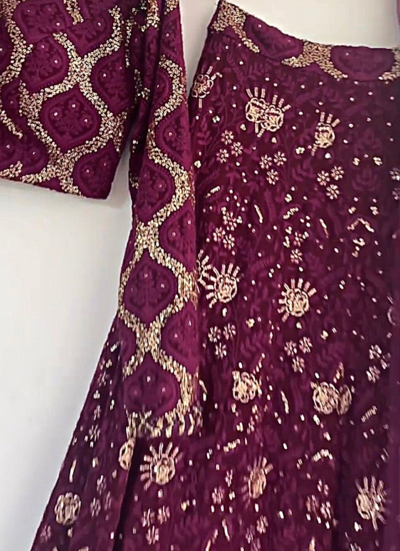 Wine Faux Georgette Thread Sequence Lehenga Choli Set
