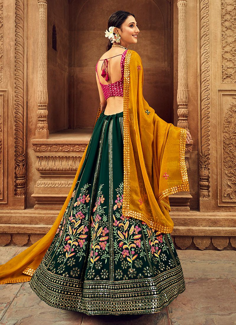 Wonderful Floral Embroidered Bottle Green Georgette Lehenga