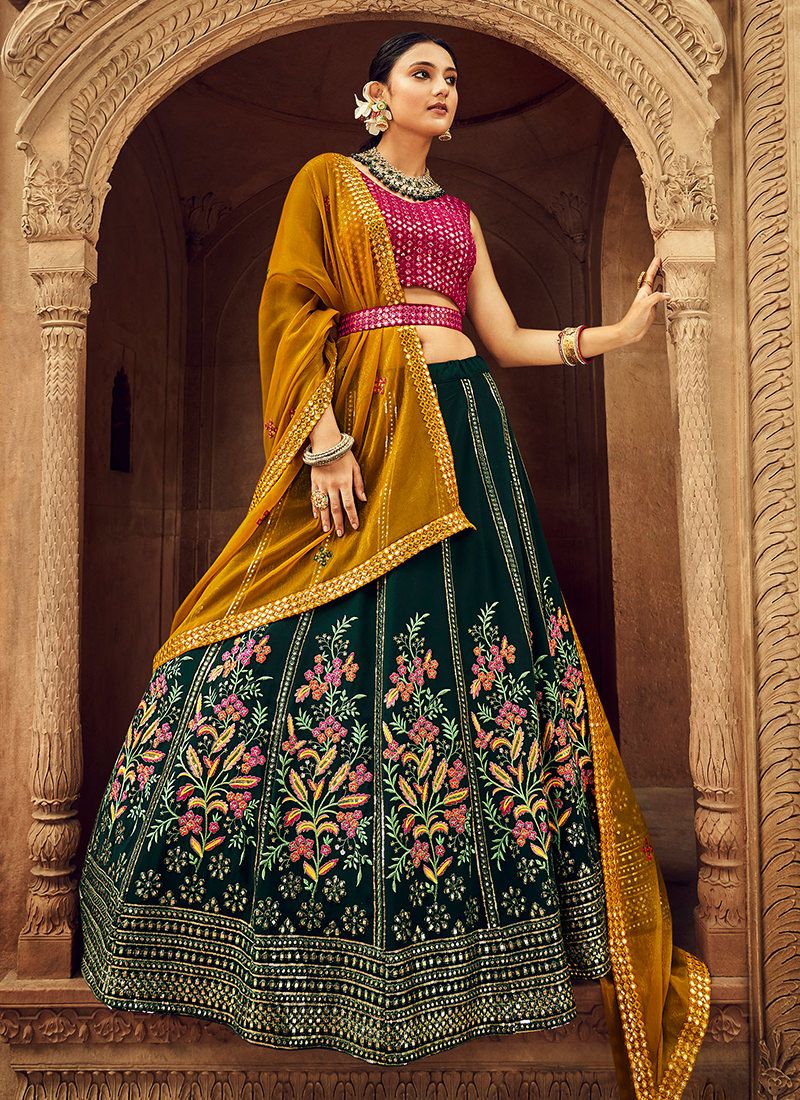 Wonderful Floral Embroidered Bottle Green Georgette Lehenga