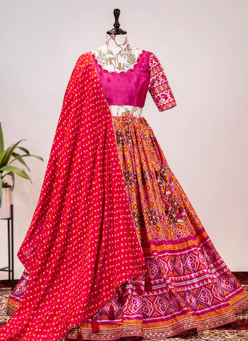 Yellow Patola Printed Chinon Sequence Work Lehenga Choli