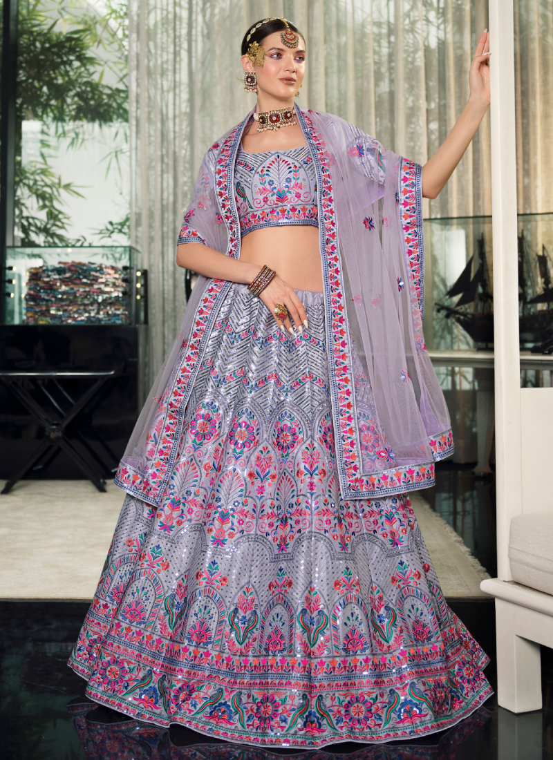 Thread Embroidered Silk Violet Lehenga Choli For Party