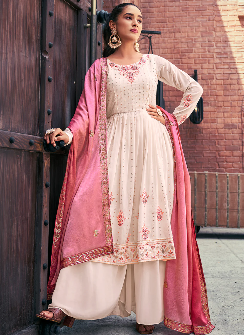 Beige Thread Embroidered Georgette Palazzo Suit For Wedding