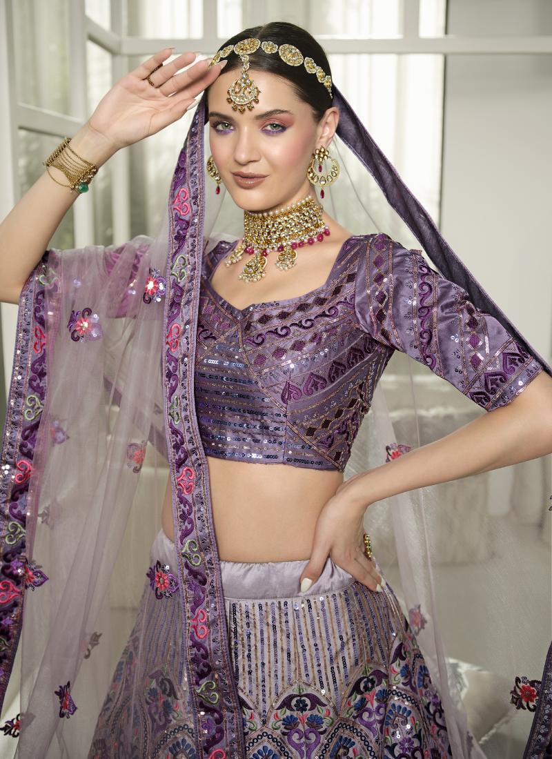 Designer Silk Dusty Purple Embroidered Work Lehenga Choli