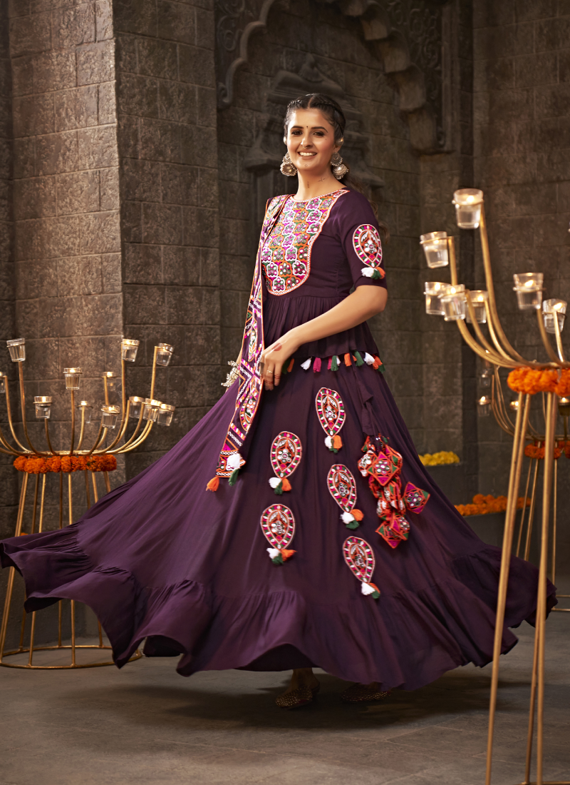 Kediya Style Choli With Embroidered Rayon Purple Navratri Lehenga.