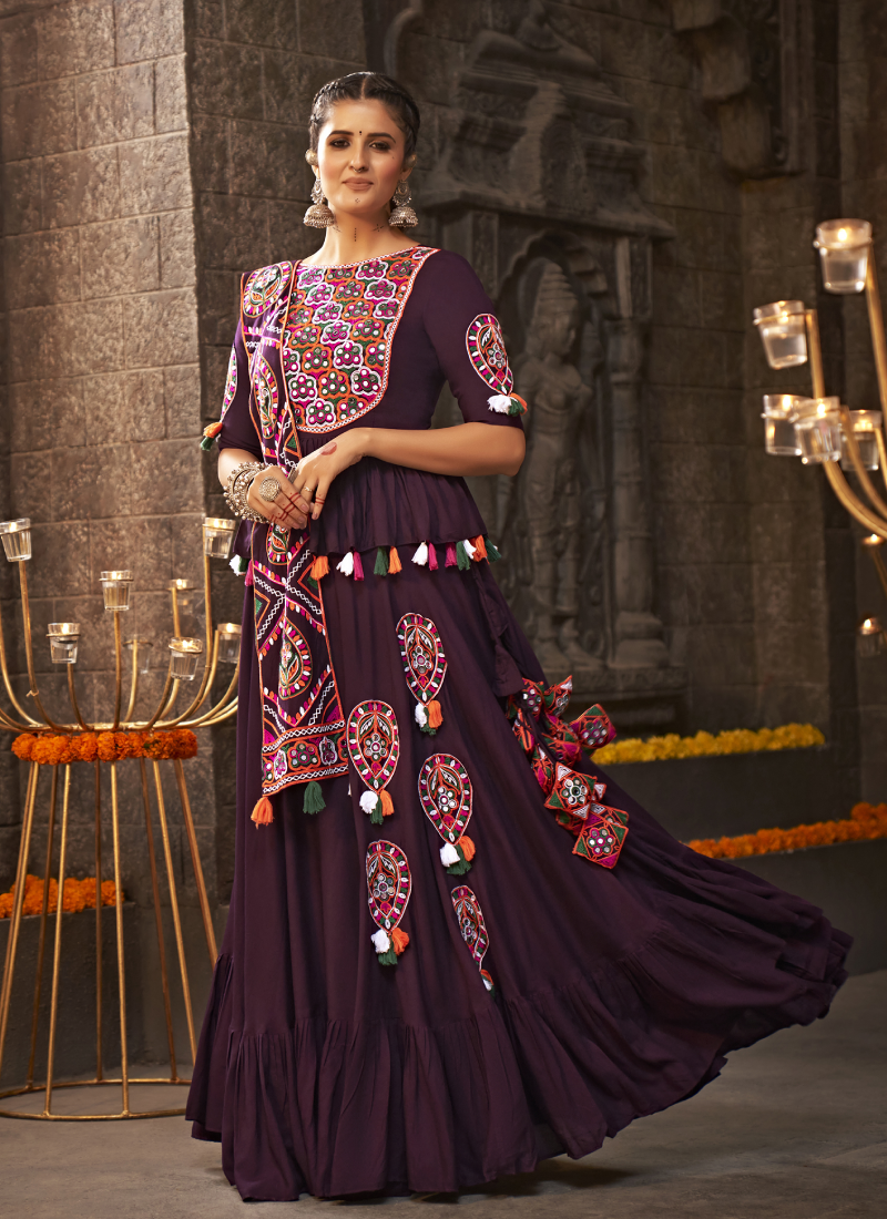 Kediya Style Choli With Embroidered Rayon Purple Navratri Lehenga