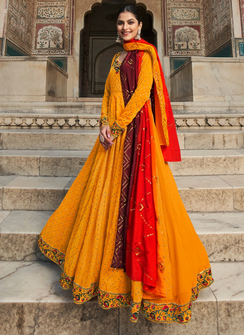 Marvelous Multi Thread Work Georgette Yellow Gown With Dupatta
