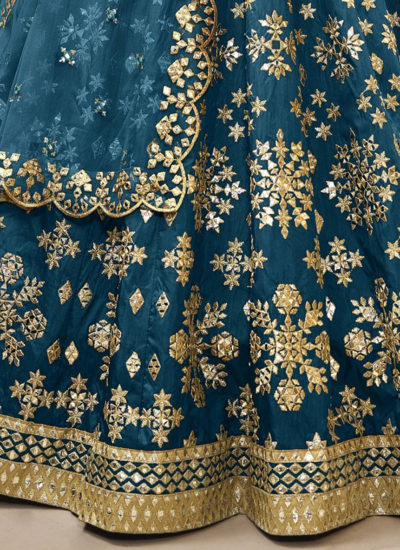 Mulberry Silk Foil Embroidered Work Teal Blue Lehenga Choli