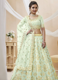 Mulberry Silk Sky Blue Paper Work Lehenga Choli For Party