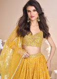 Amazing yellow Viscose Jacquard party wear lehenga with zari embroidery