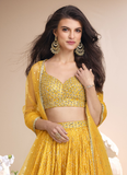 Amazing yellow Viscose Jacquard party wear lehenga with zari embroidery