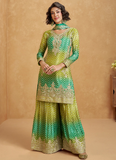 Amazing Mehendi ceremony Chinon silk Designer Palazzo suit with sequin embroidery