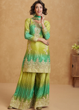 Amazing Mehendi ceremony Chinon silk Designer Palazzo suit with sequin embroidery