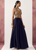 Alluring Blue Jacquard croptop and crepe palazzo perfect for a party.