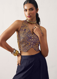 Alluring Blue Jacquard croptop and crepe palazzo perfect for a party.