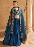 Alluring Blue Chinon silk Indowestern Lehenga paired with organza jacket