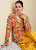 Sunshine yellow Chinon silk Indowestern Palazzo party bridal set