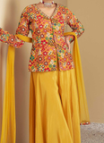 Sunshine yellow Chinon silk Indowestern Palazzo party bridal set