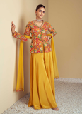 Sunshine yellow Chinon silk Indowestern Palazzo party bridal set