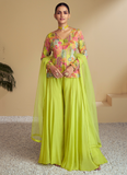 Beautiful Lime Green Chinon silk Indo-Western Palazzo party wear set